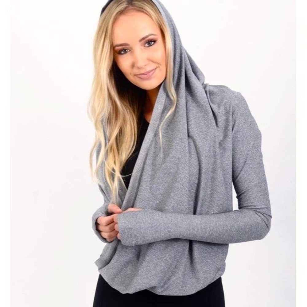 ZYIA Active Haze Yoga Shawl Wrap Top Hooded Gray